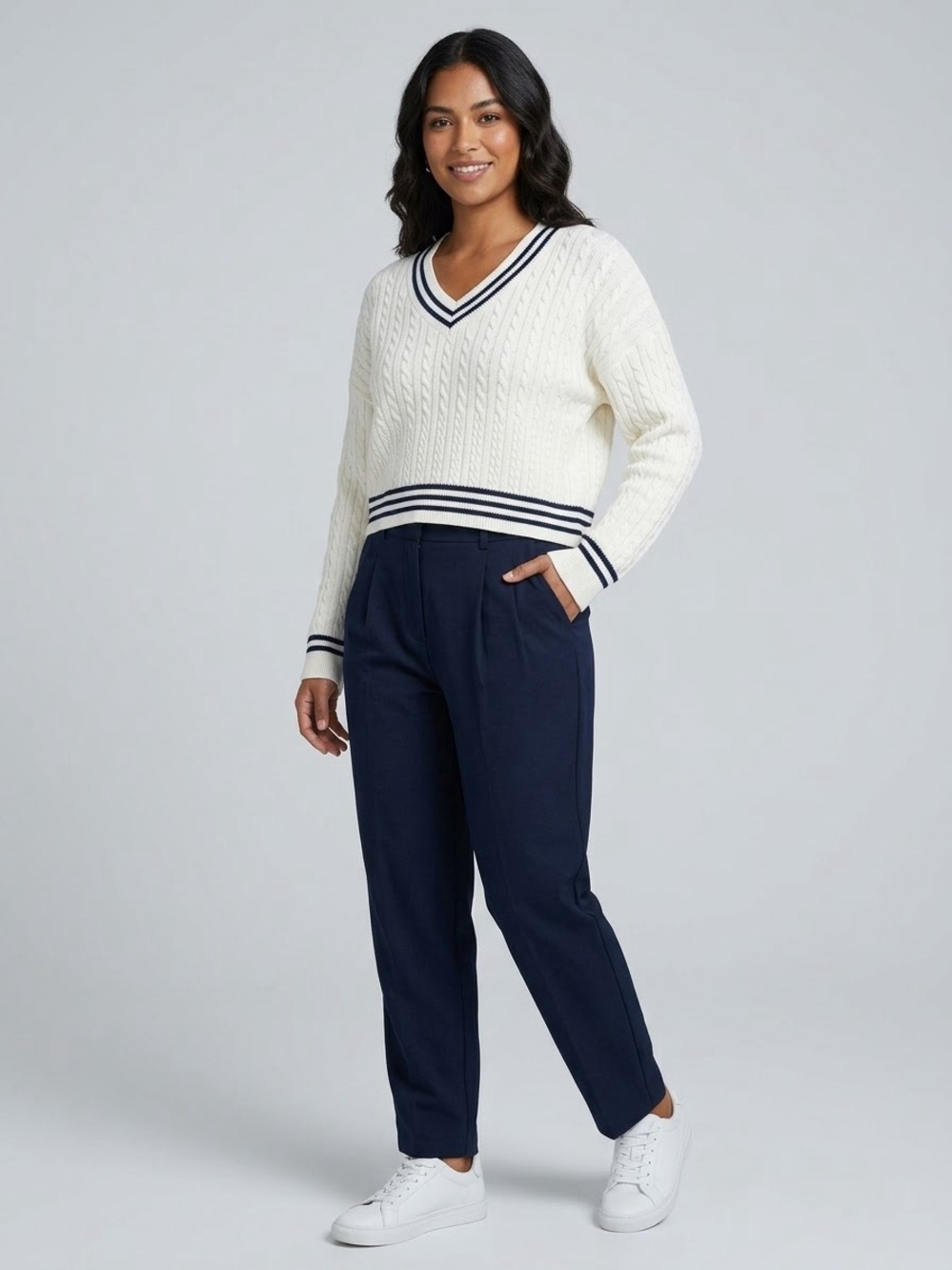 French Connection Cropped Varsity Sweater Large White Cable Knit V-Neck 78ZYR